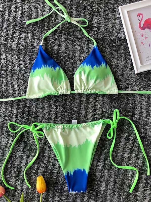 Ruched Triangle Top Lace Up Bikini Set