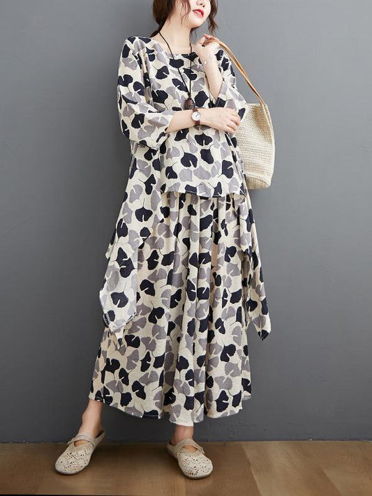 Printed Batwing Sleeve T-Shirt&Wide-Leg Pants Suits