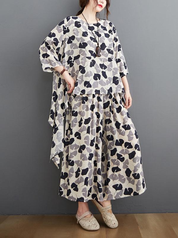 Printed Batwing Sleeve T-Shirt&Wide-Leg Pants Suits