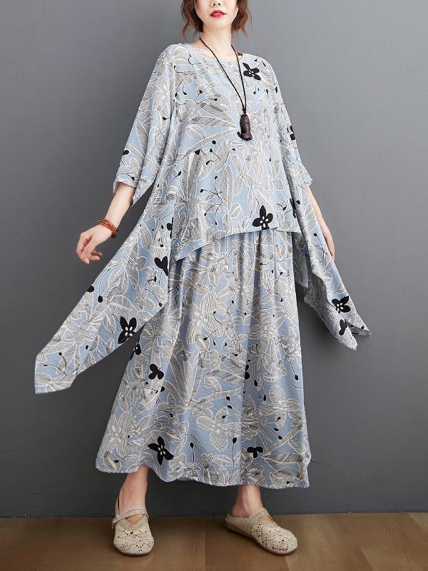 Printed Batwing Sleeve T-Shirt&Wide-Leg Pants Suits