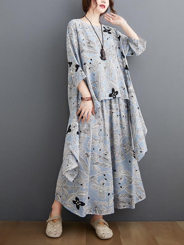 Printed Batwing Sleeve T-Shirt&Wide-Leg Pants Suits