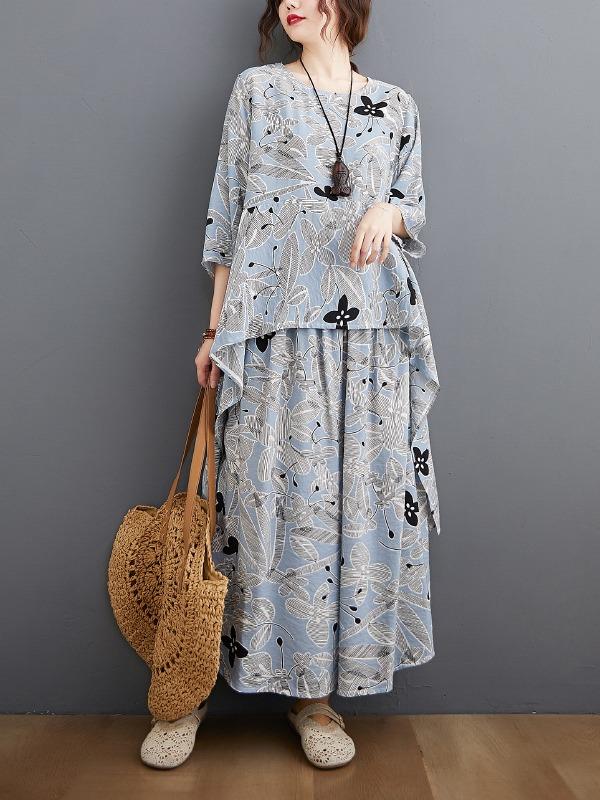 Printed Batwing Sleeve T-Shirt&Wide-Leg Pants Suits