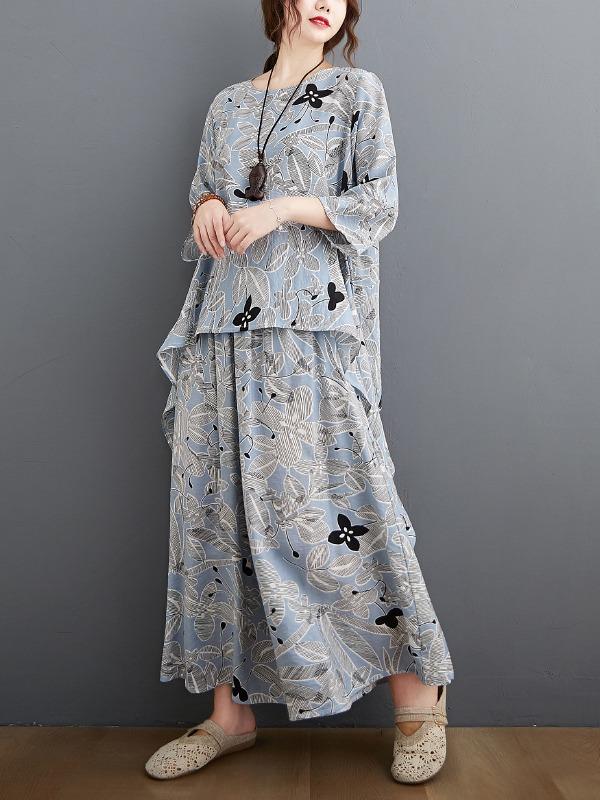 Printed Batwing Sleeve T-Shirt&Wide-Leg Pants Suits