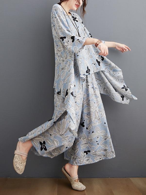 Printed Batwing Sleeve T-Shirt&Wide-Leg Pants Suits