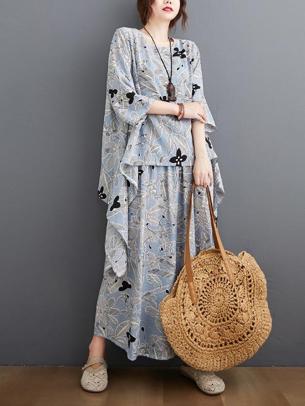 Printed Batwing Sleeve T-Shirt&Wide-Leg Pants Suits