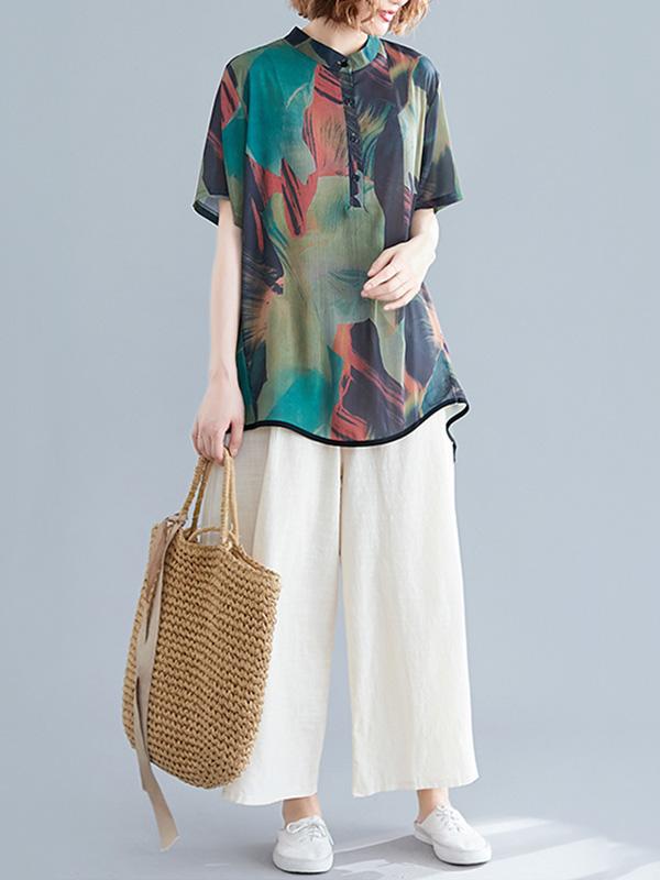 Chiffon Printed Short Sleeves Shirt + Wide Leg Pants Suits