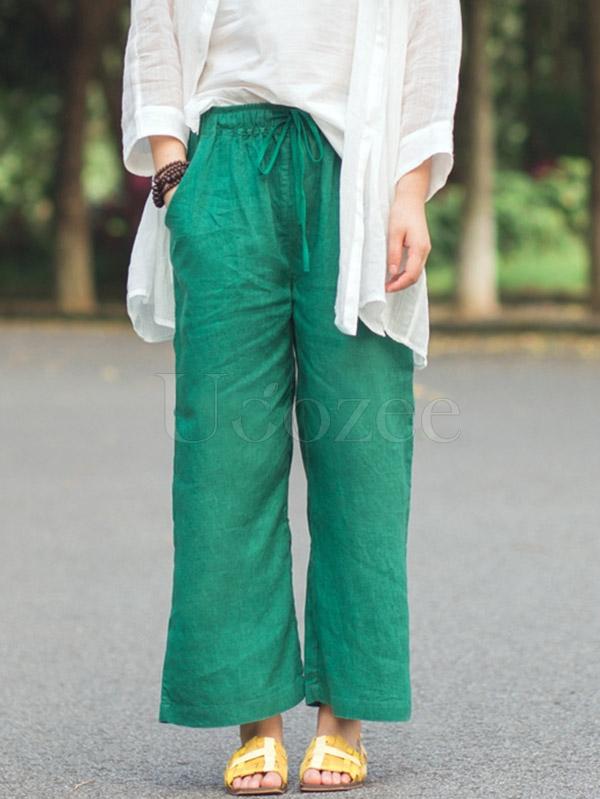 Retro Linen Drawstring Wide Leg Pants