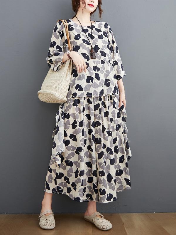 Printed Batwing Sleeve T-Shirt&Wide-Leg Pants Suits