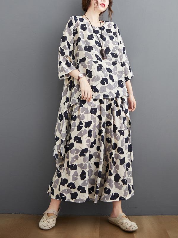 Printed Batwing Sleeve T-Shirt&Wide-Leg Pants Suits