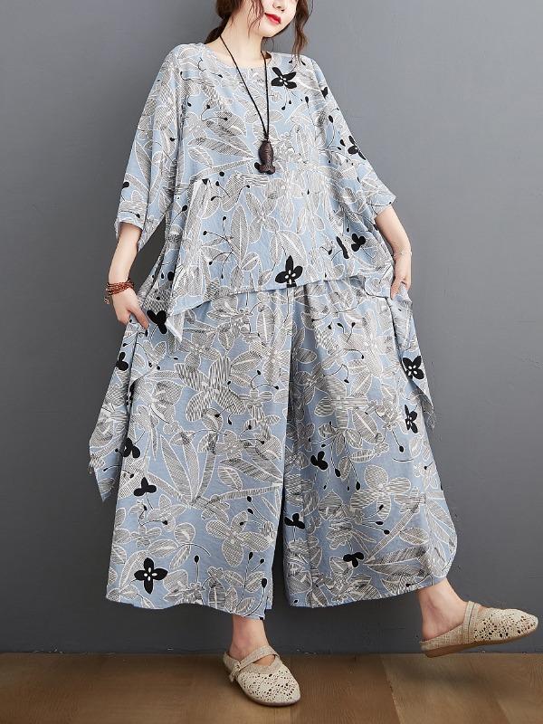 Printed Batwing Sleeve T-Shirt&Wide-Leg Pants Suits