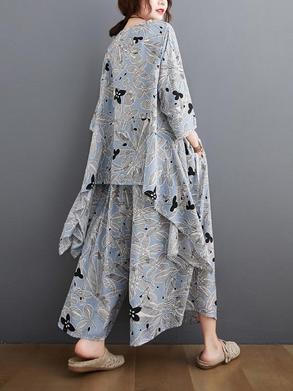 Printed Batwing Sleeve T-Shirt&Wide-Leg Pants Suits