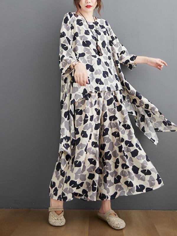 Printed Batwing Sleeve T-Shirt&Wide-Leg Pants Suits