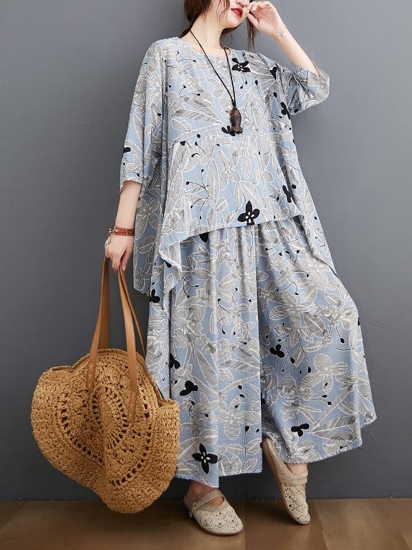 Printed Batwing Sleeve T-Shirt&Wide-Leg Pants Suits