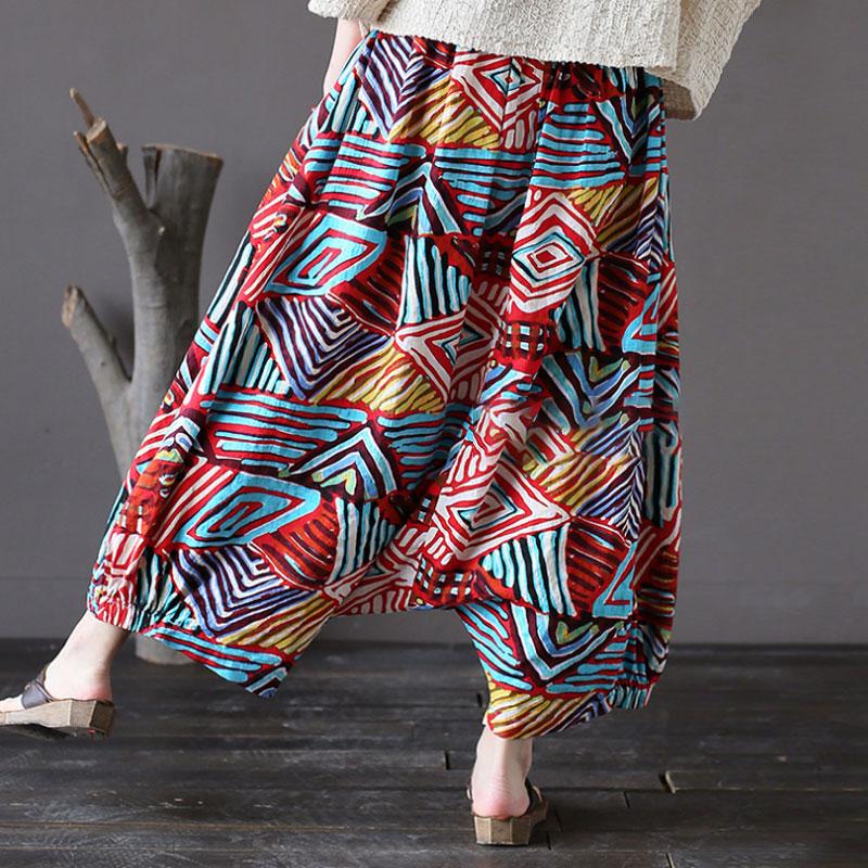 Summer Retro Printed Loose Low Crotch Cotton Pants