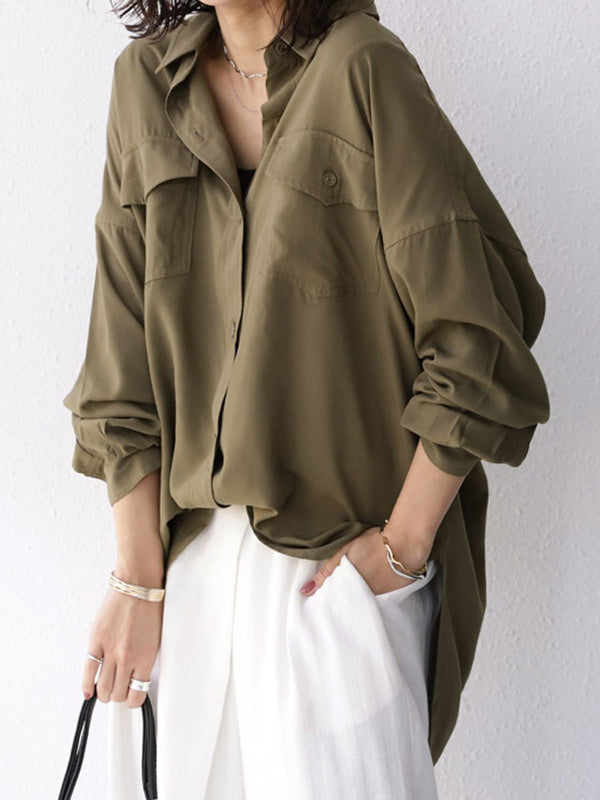 Simple Solid Color Split-Joint With Pocket Buttoned Lapel Collar Long Sleeves Blouse