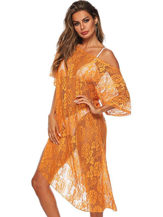 Lace Solid Floral Beach Cover Up