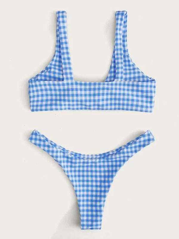 Plaid-Print Knotted Split Bikini Swimsuit