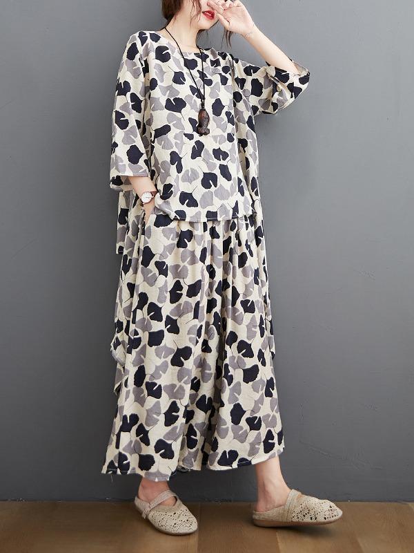 Printed Batwing Sleeve T-Shirt&Wide-Leg Pants Suits