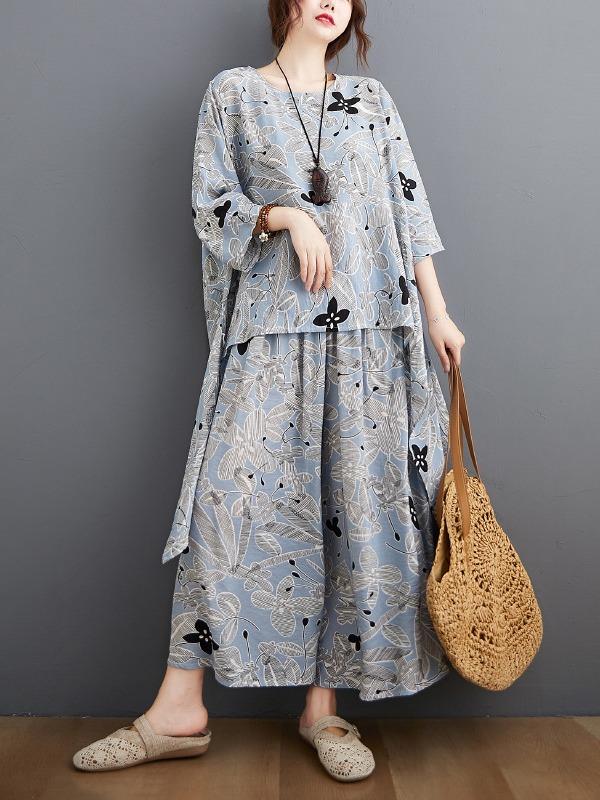 Printed Batwing Sleeve T-Shirt&Wide-Leg Pants Suits