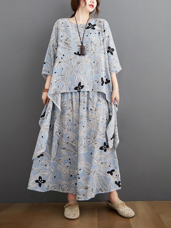 Printed Batwing Sleeve T-Shirt&Wide-Leg Pants Suits