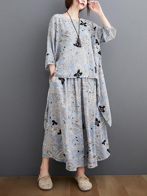 Printed Batwing Sleeve T-Shirt&Wide-Leg Pants Suits