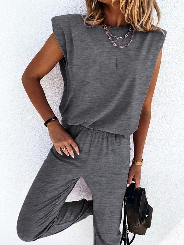 Casual Solid Color Shoulder Pad Tees&Pants Suits