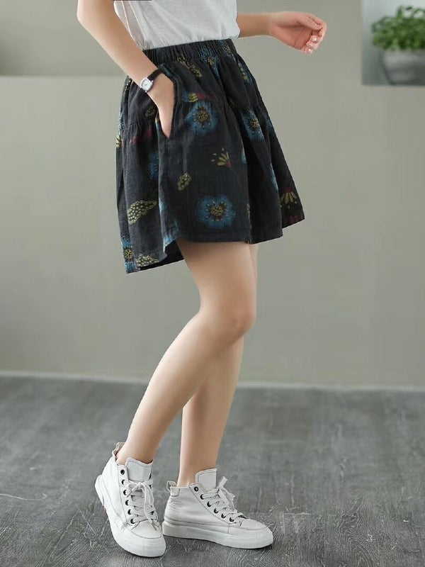 ARTISTIC RETRO ELASTICITY FLORAL WIDE LEG SHORTS