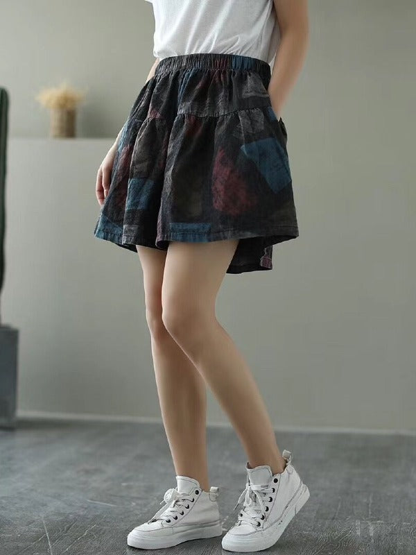 ARTISTIC RETRO ELASTICITY FLORAL WIDE LEG SHORTS