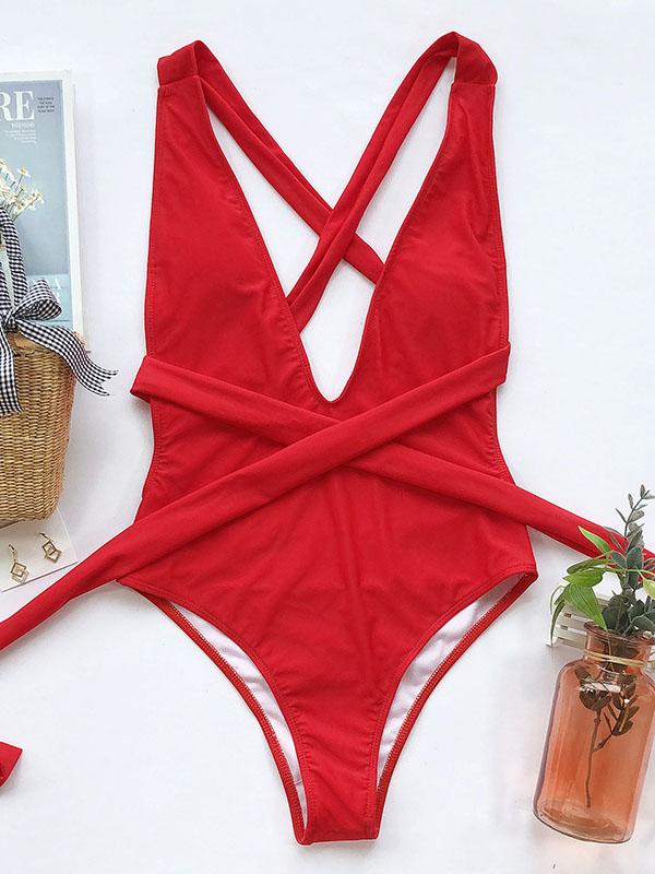 Deep V-Neck Backless Bandage One-Piece Swimwear