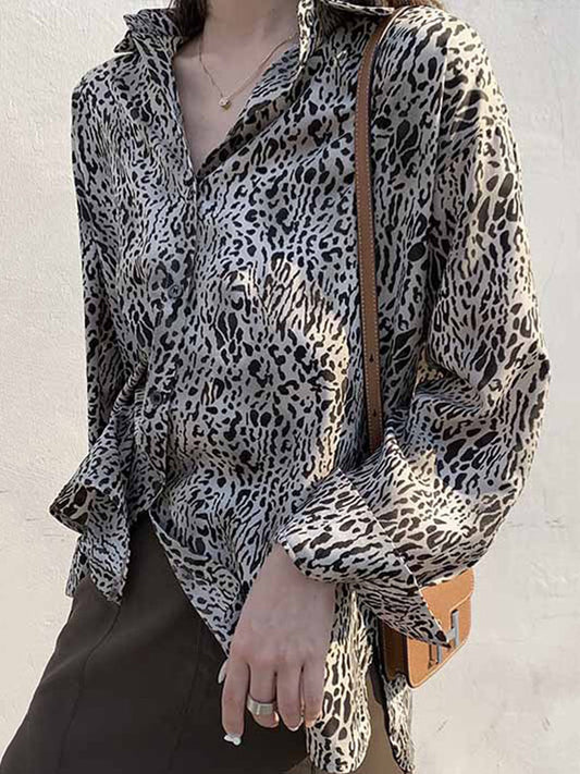 Stylish Leopard Buttoned Lapel High-Low Long Sleeves Blouse Tops