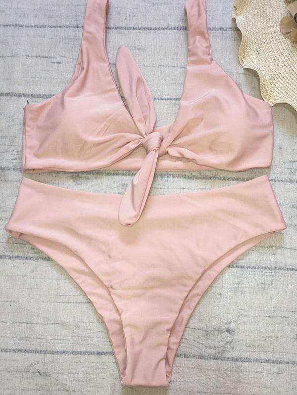 High Waisted Knot Plain Bikinis Swimwear