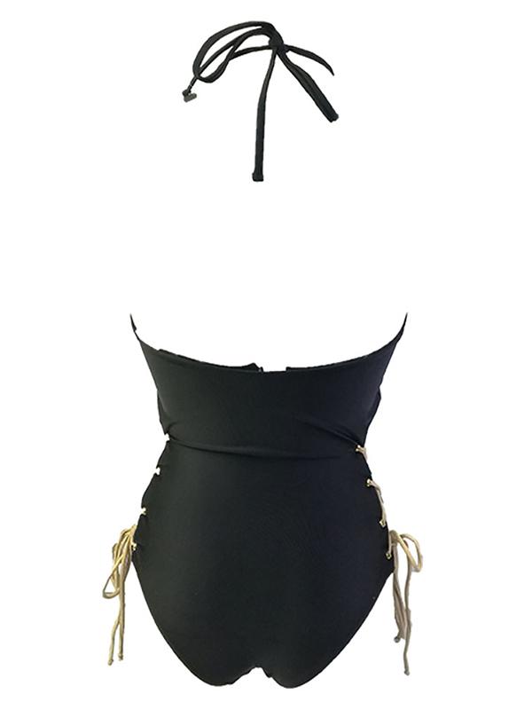 Lace-up Black Backless One-piece Swimwear