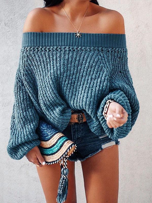 Off-the-shoulder Knitting Puff Sleeves Sweater Tops