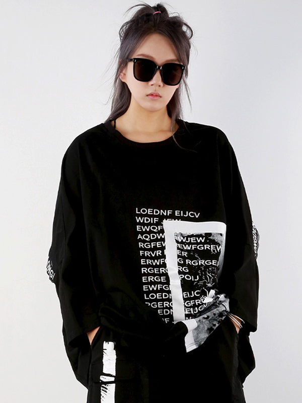 Casual Long Sleeves Loose Letter Print Round-Neck T-Shirts Tops