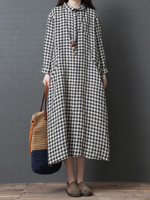 Linen Plaid Plus Size Loose Shirt Midi Dresses