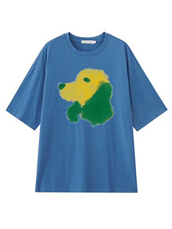 Oversized Contrast Color Dog Printed T-Shirt