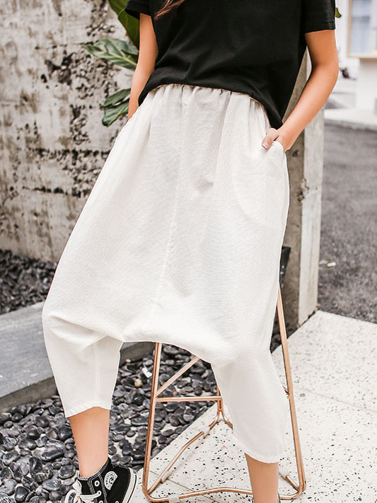 Casual Loose Ramie Cotton Solid Color Elasticity Waist Wide Legs Harem Pants