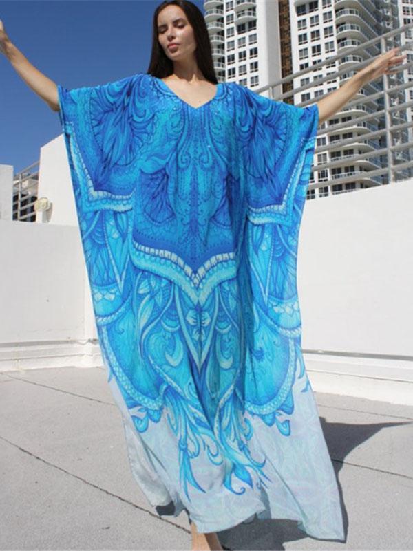 Blue-white Super Loose Printed Beach Cover-ups