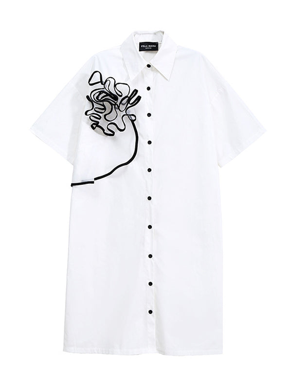 Original Flower-Embellished Lapel  Split-Joint Shirt Dress