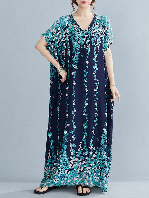 Original Floral Printed Loose V-Neck Batwing Sleeves Maxi Dress