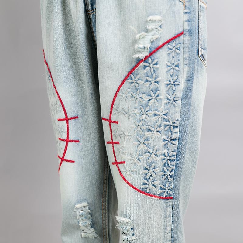 Casual Frayed Embroidery Drawstring Loose Jeans