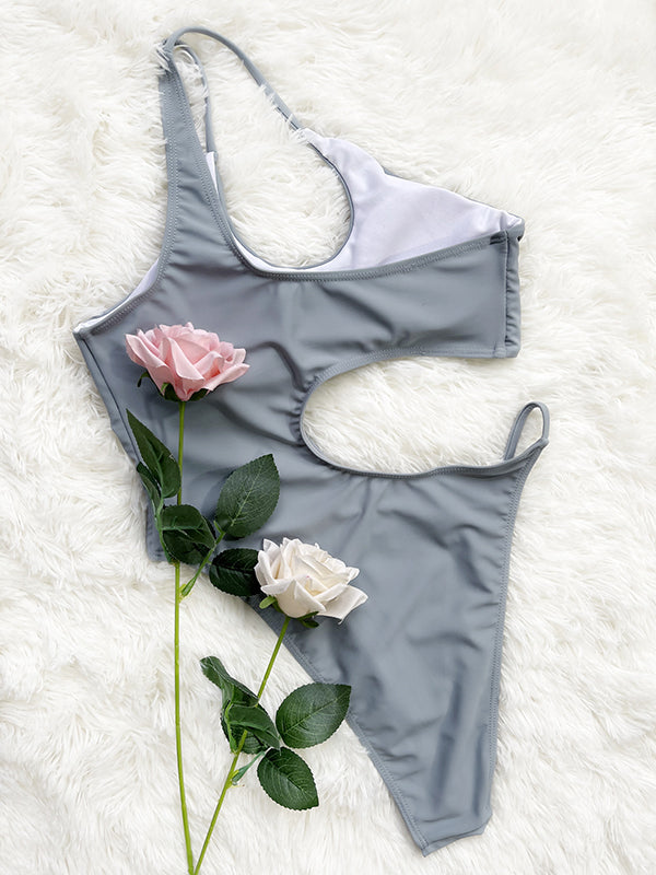 One-Shoulder Hollow Gray One-Piece Swimsuit