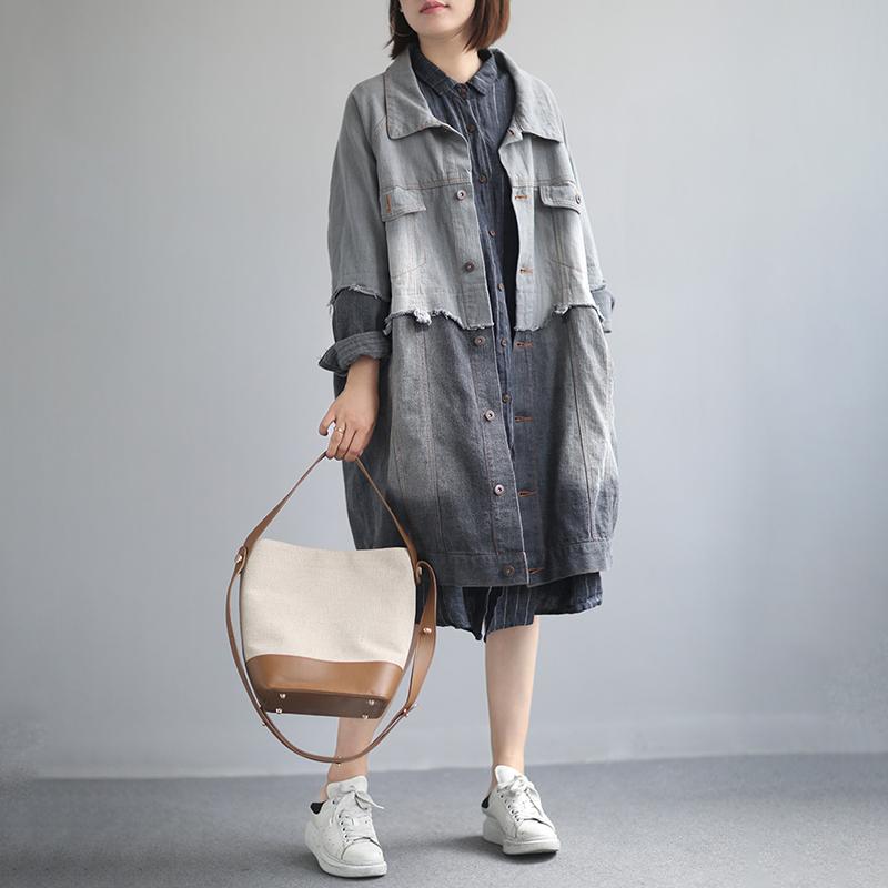 Buykud Color Matching Spliced Casual Denim Trench Coat