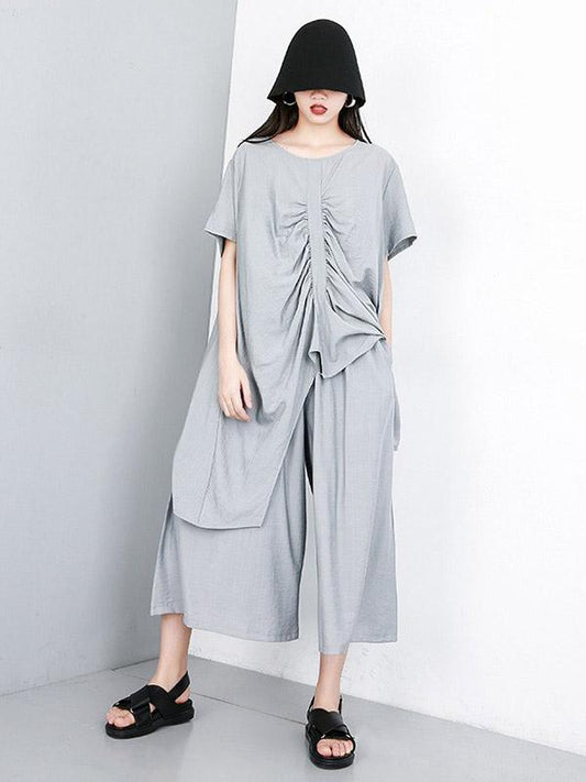 Asymmetric Ruffled Solid Tops + Wide Leg Pants Suit