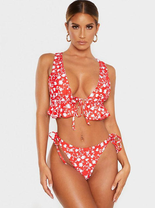 Sexy Deep V-Neck Ruffled Bandage Printing Split Type Bikini Swimsuit