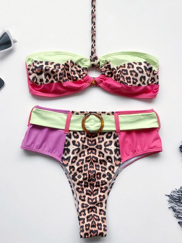 Leopard Print Split-Joint Belted Split Bikini Swimsuit