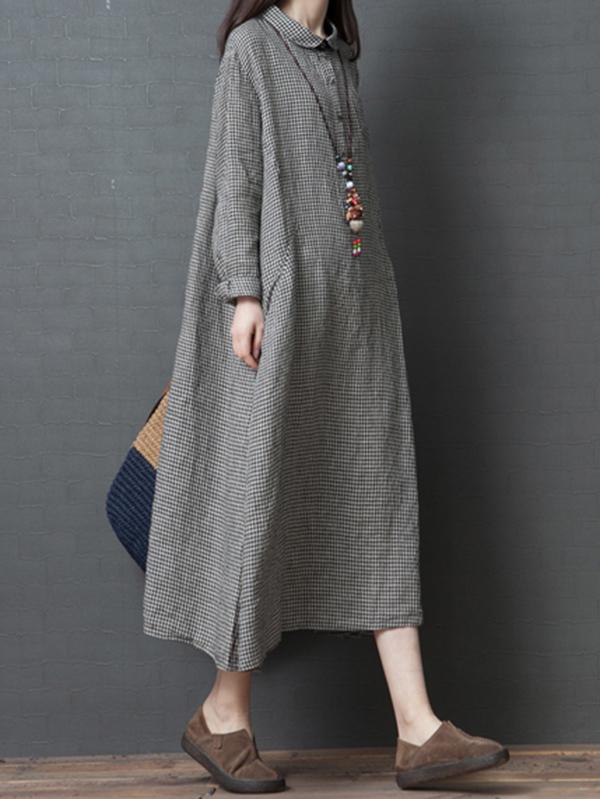 Linen Plaid Plus Size Loose Shirt Midi Dresses