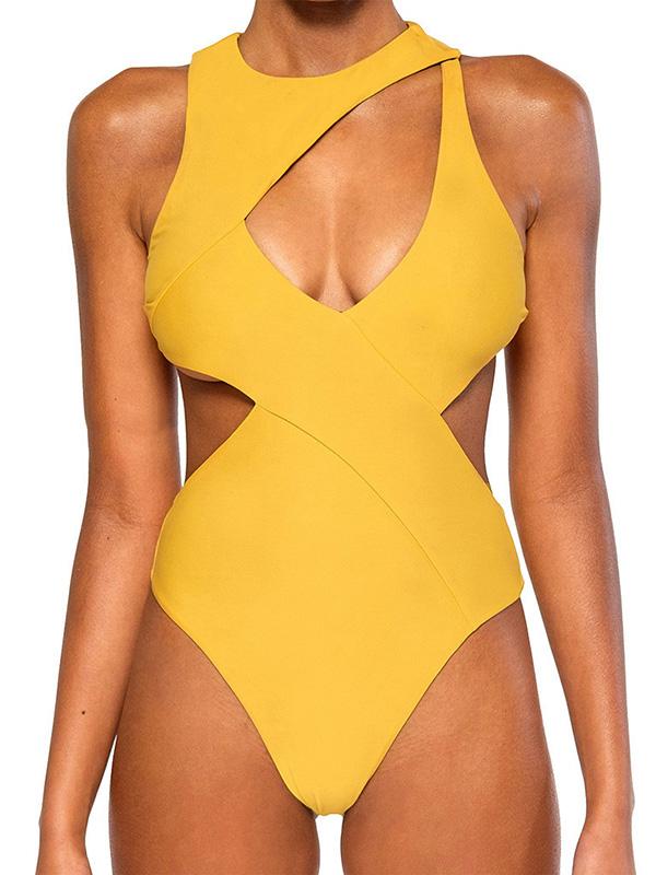 Bandage Plain Yellow One-piece Swimwear