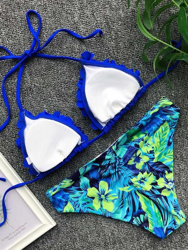 Plain Triangle Top With Printed Panty Bikini Set