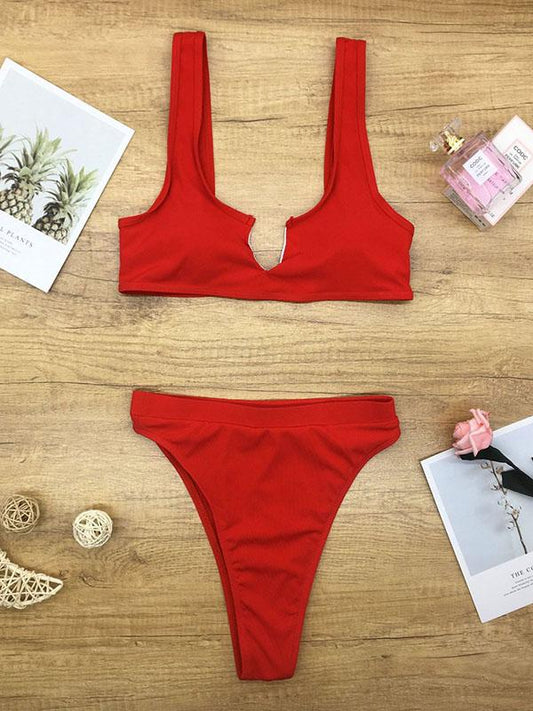 Sexy V-Neck Vest Solid Color Split Type Bikini Swimsuit